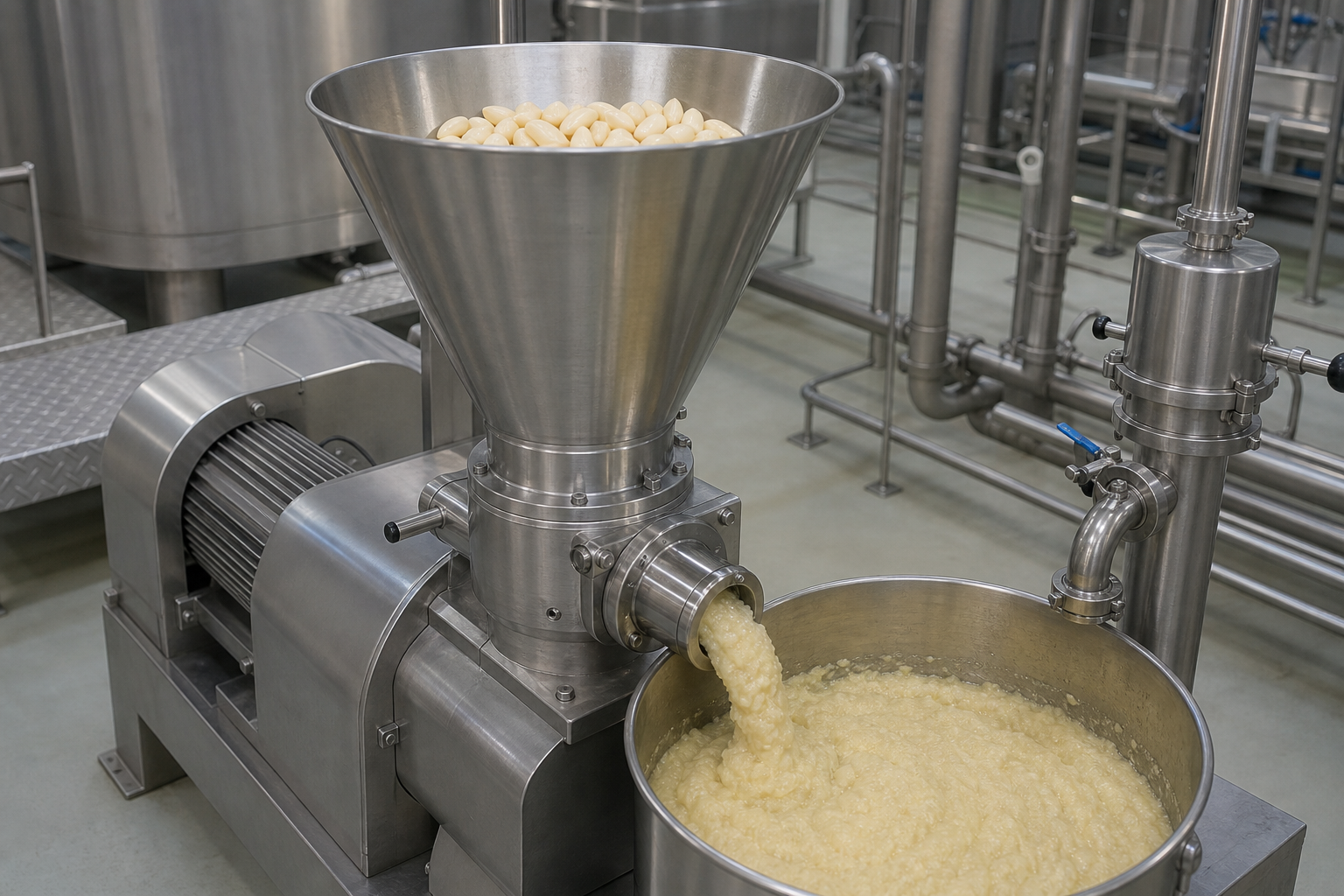 Stainless steel colloid mill processing garlic mixture into a uniform paste in an industrial food production area