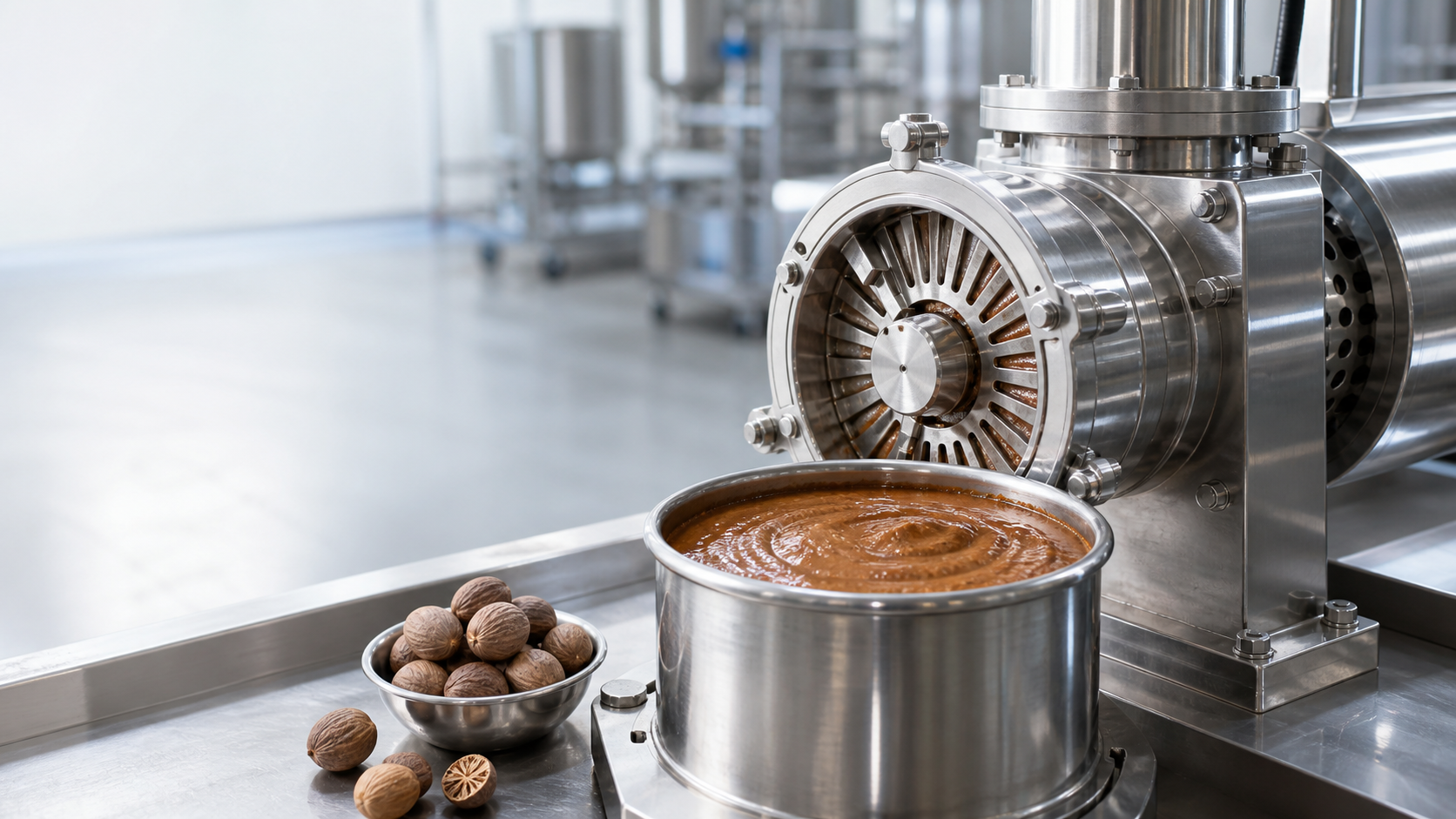 Industrial colloid mill processing wet nutmeg spice paste