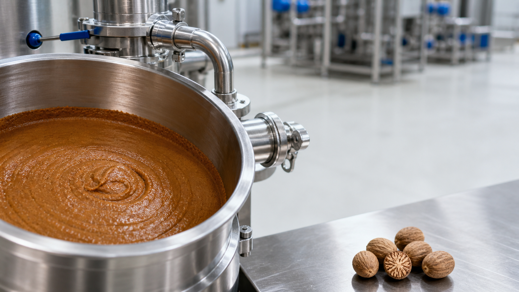 Homogeneous nutmeg spice paste in a sanitary industrial processing vessel